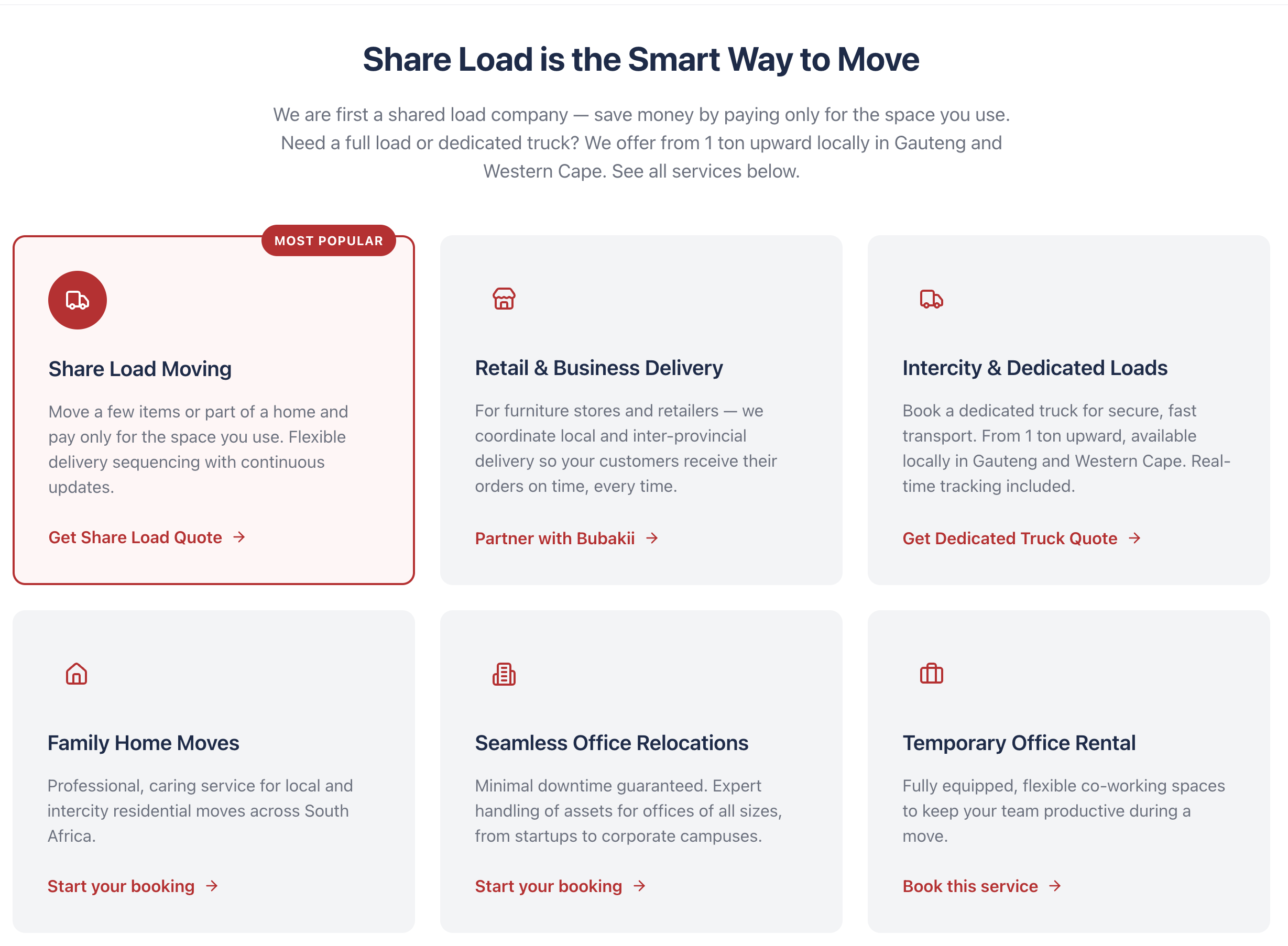 Bubakii service discovery page showing share load moving and logistics service options