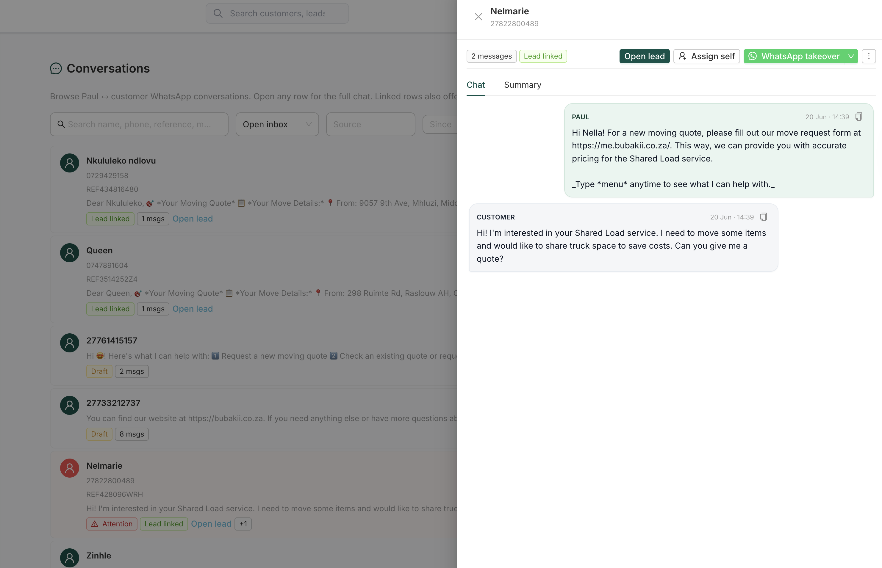 Bubakii conversation inbox showing a WhatsApp enquiry linked to a customer lead